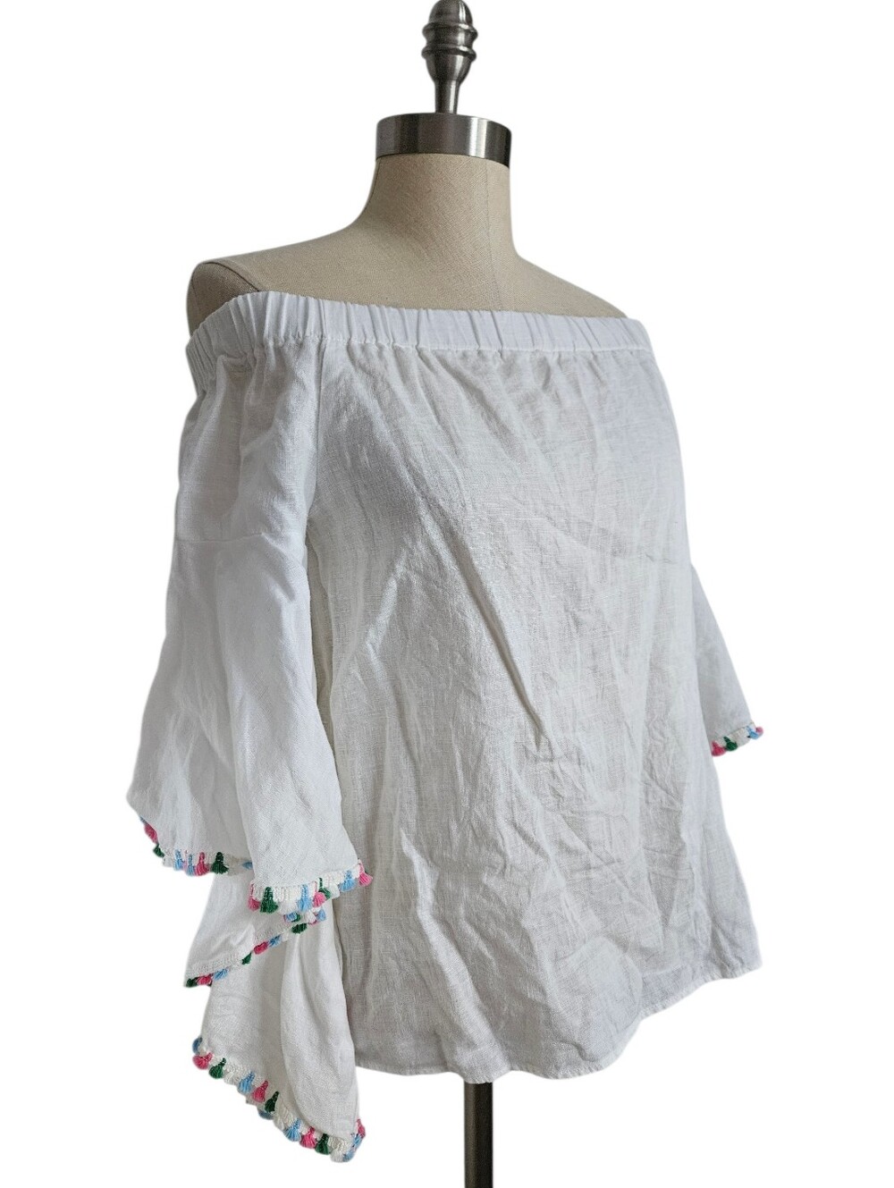 ZARA Off-Shoulder White 100% Linen Flutter Sleeve Colored Tassel Blouse | SZ XS - Picture 4 of 9
